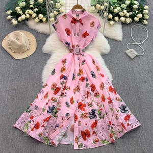 Vestido de Gasa con Cuello Estampado Estilo Retro para Mujer, Vestido de Verano con Botones - Product Image 1