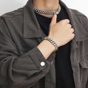 Hot Sell 2pcs/<b>set</b> Silver Gold Metal Color Hip Hop 12mm Width Stainless Steel Smooth Cuban Chain Necklace <b>Bracelet</b> - Product Image 5