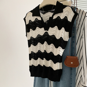 T-Shirt con collo <span class=keywords><strong>a</strong></span> Polo <span class=keywords><strong>a</strong></span> <span class=keywords><strong>righe</strong></span> ondulate in bianco <span class=keywords><strong>e</strong></span> nero camicetta da <span class=keywords><strong>donna</strong></span> Casual Chic senza maniche camicia elegante Top - Product Image 3