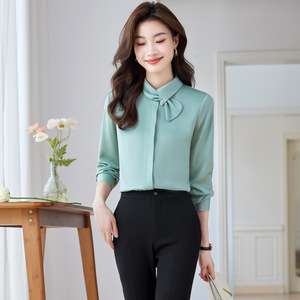 Women's Mint Green Stand-Up Collar Shirt Solid Color Long Sleeve Work Blouse Polyester Poplin Fabric Office Wear - Product Image 4