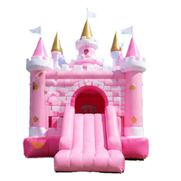 Château gonflable rose en PVC avec toboggan et aire de saut, thème ferme ou licorne, pour fêtes en extérieur dans la cour