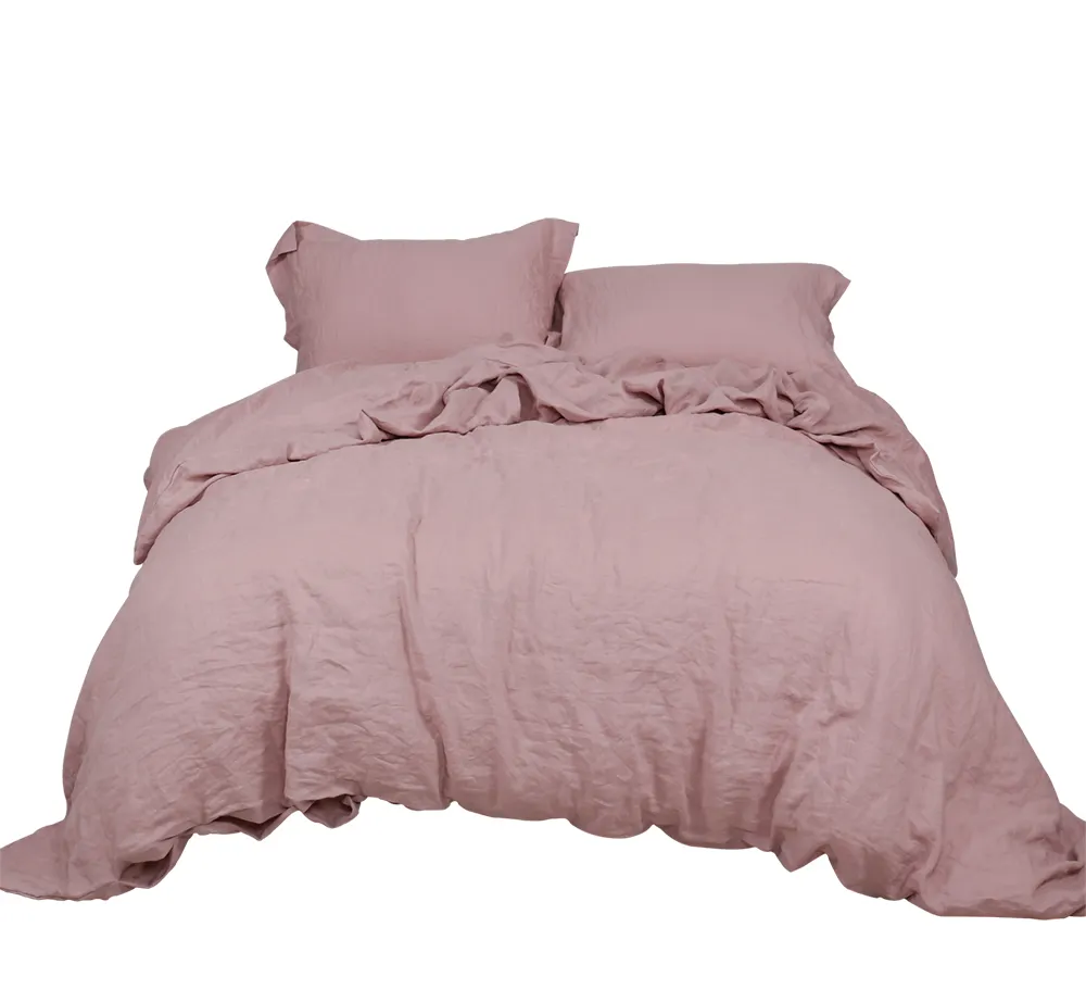 OEKO-TEX ผ้าลินินผ้าปูเตียงผ้าลินินปกผ้านวมสีชมพูสีที่มีผ้าปูที่นอนป่าน100% ฝรั่งเศสผ้าลินินชุดเครื่องนอน