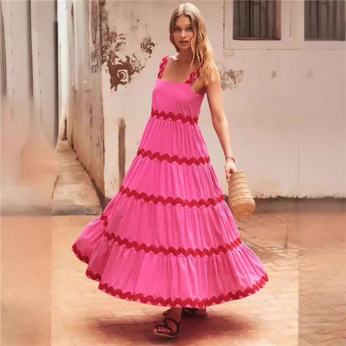 Casual 2024 verano nuevo estilo Comercio exterior simple vacaciones playa desgaste sexy ondulación bustier maxi-Flare slip vestido