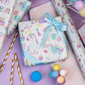 Custom Unicorn Birthday Wrapping Paper Roll <b>Pink</b> Gold Foil Print Happy Birthday Gift <b>Wrap</b> for Kids Girls Party Favors - Product Image 3