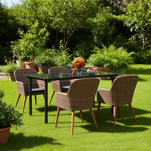 <b>Garden</b> Dining Set <b>Table</b> With Brown Rattan <b>Chairs</b> Dark Grey Cushions Included Outdoor Furniture <b>4</b> <b>Seater</b> Contemporary Style - Product Image 2