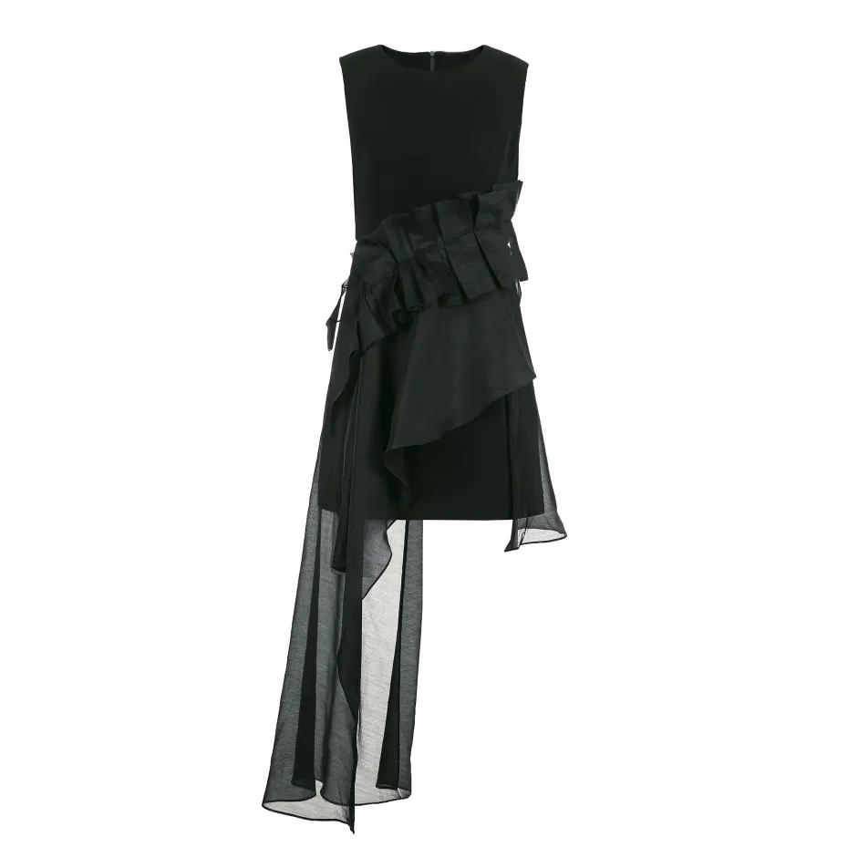 Summer 2023 New Design Fashionable Sexy Sleeveless Ruffle Pleated Asymmetric Women Black Cocktail Party Dresses