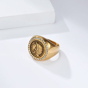 แหวนเหรียญสีทองสำหรับผู้ชาย ประดับเพชรแบบฝังเรียง ดีไซน์เรขาคณิต เหมาะสำหรับเป็นของขวัญเครื่องประดับ - Product Image 1