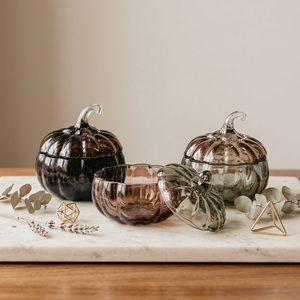 Ensemble de pots en verre soufflé à la main Shri Govind International, motif citrouille, tons brun-vert, design d'art populaire, pour une utilisation décorative de Thanksgiving - Product Image 4
