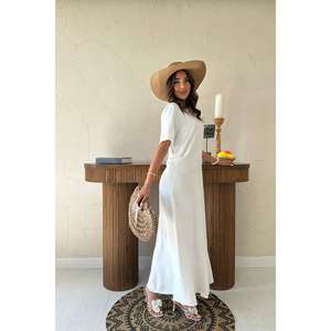 Vestido de Lino con Cuello Redondo, Corte Holgado, Cintura Natural, Transpirable, Tejido, Informal para Uso Diario - Product Image 4