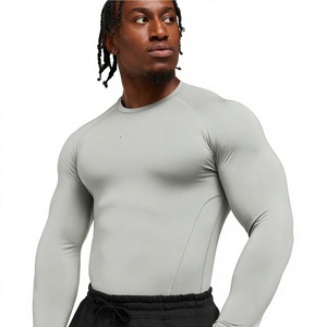 Men's <b>Long</b> <b>Sleeve</b> Compression Shirt Solid Gray O-Neck Slim Fit Quick Dry Knitted Polyester Sporty Workout <b>Top</b> - Product Image 5