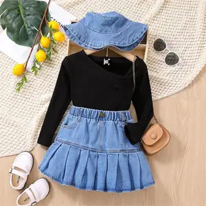 Kids Girls Apparel Clothing Sets Fashion Pit strip cotton V-neck top denim short skirt hat 3 pieces kids clothing set