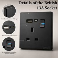 Interrupteur mural industriel en plastique PC noir 1/2/3/4 postes 1/2 voies, norme britannique 13A IP20, avec indicateur LED