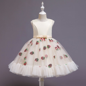 Children's Princess Dress Blue A-Line O-Neck Tulle Skirt With Strawberry Embroidery For Flower Girls - Product Image 4