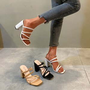 Factory Wholesale Summer New Square Head High-heeled Sandals Women Wear Thick <b>White</b> Slippers - Product Image 4