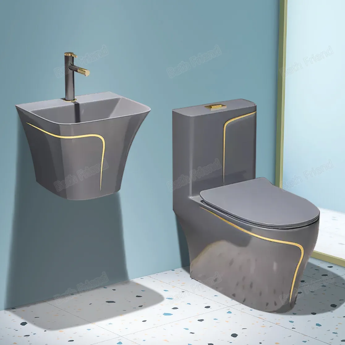 Bagno amico sanitari bagno wc grigio colorato con sedile chiuso morbido vanità bagno lavabo oro