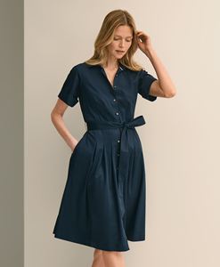 Robe chemise bleu marine pour femme, manches courtes, col rabattu, ceinture à nouer, robe midi avec poche, élégante, pour le bureau, pour les trajets quotidiens, pour femmes - Product Image 2