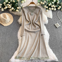 Robe décontractée en maille pour femme, élégante, à manches longues, en dentelle, col en V, coupe trapèze, longueur mi-mollet, pour les fêtes et le quotidien