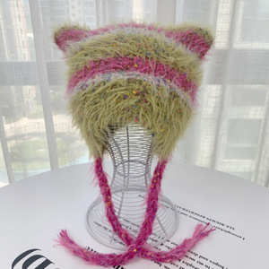 Gorro de Felpa de Visón Personalizado, Divertido Gorro de Gato, Gorro de Mohair a Rayas, Gorro de Invierno Cálido con Orejeras para Mujer - Product Image 4