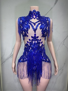 Combinaison sexy en maille transparente noire avec strass pour femme, tenue de scène pour chanteuse, danseuse, spectacle, fête, boîte de nuit, performance - Product Image 5