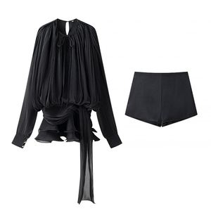 Maxfree <b>Women's</b> Best-Selling Fitted Waist Asymmetrical Hem <b>Long</b>-Sleeved Dresses and <b>Shorts</b> 2-Piece Set - Product Image 4