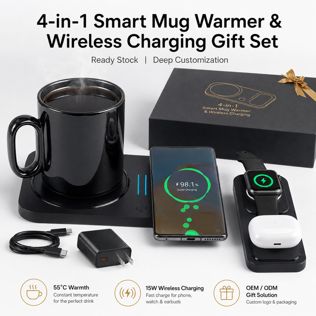 4-in-1 Electronic Ceramic Stainless Steel Mug Warmer Wireless Charging Gift Set 24 Hours Thermal Insulation Ready Stock Light