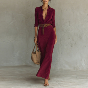 2026 Spring and Autumn New Wholesale Suede Waist <b>Long</b> Dress Fashion temperament Shirt <b>Skirt</b> - Product Image 3
