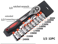12PCS 1/4" 3/8'' 1/2'' Drive Cr-V Socket Set Vehicle Tools Car Repairing Wrench Spanner Tool Kit Socket Ratchet Set Hand Tools
