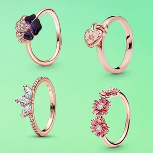 Neuer 925er Silber ring Rosé vergoldeter Zirkon Sparkling Princess Wishbone Herzring Frauen Original Pandoraer Fine Jewelry
