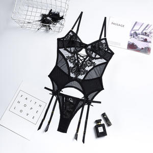 Sous-vêtements en dentelle pour femmes, <span class=keywords><strong>lingerie</strong></span> sexy avec jarretière, corset sexy, deux pièces, découpe ouverte - Product Image 4