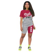 Ensemble deux pièces pour femmes tendance, imprimé lettres roses, avec short au-dessus du genou et t-shirt à manches courtes, respirant et écologique