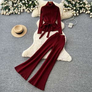 Conjunto <span class=keywords><strong>de</strong></span> punto <span class=keywords><strong>de</strong></span> 2 piezas para <span class=keywords><strong>mujer</strong></span>, otoño-invierno: Top <span class=keywords><strong>de</strong></span> cuello alto con trenzas y pantalones acampanados acanalados con cinturón. - Product Image 2