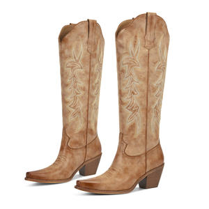 WETKISS Venta al por Mayor 2026 Botas Altas Vintage Bordadas para Mujer, Elegantes Botas de PU con Punta en Pico hasta la Rodilla, Botas Vaqueras de Tacón Grueso para Dama - Product Image 4