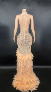 NOVANCE 트렌드 제품 2023 신상품 민소매 긴 가운 이브닝 원피스 깃털 꼬리 섹시한 높은 슬릿 오렌지 원피스 - Product Image 6