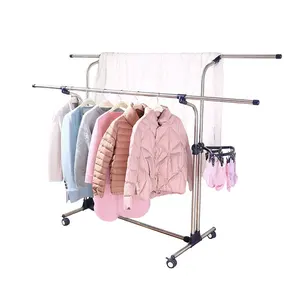 BAOYOUNI Movable Wheels Heavy Duty Double Rod Clothing Rack Clothespin Garment Storage Shelves Retractable Clothes Hanging Stand