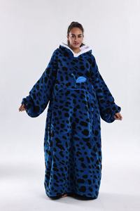 Heat Lock Sherpa Lining Bright Blue Leopard Flannel Outer Warm Hoodie Blanket Loungewear for Bedroom Nightwear - Product Image 2
