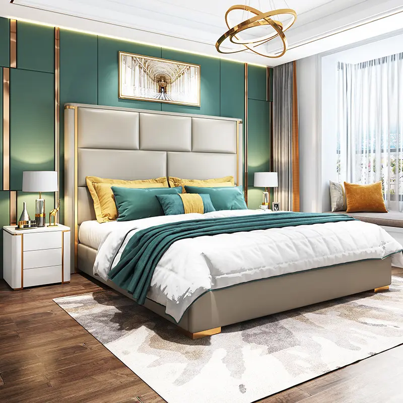 Lit double de luxe moderne, lit king size, hôtel, rangement en cuir, mobilier de chambre à coucher, lits rembourrés