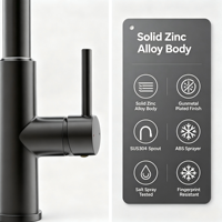 Nouvelle Robinet de Cuisine Moderne en Alliage de Zinc Gris Anthracite Extensible, Pivotant à 360°, Pulvérisateur 3 Fonctions, Mitigeur Monocommande en Céramique, Garantie 1 An