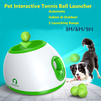 Lanceur de balles automatique pour chien, écologique, blanc et jaune, lanceur de balles interactif, portée de lancement de 3/6/9 m, matériau ABS, 3 balles de tennis