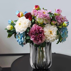 Flores artificiales con dos bordes quemados, peonías y lirios, flores artificiales para decoración de mesa de salón de estilo nórdico, fotografía - Product Image 3
