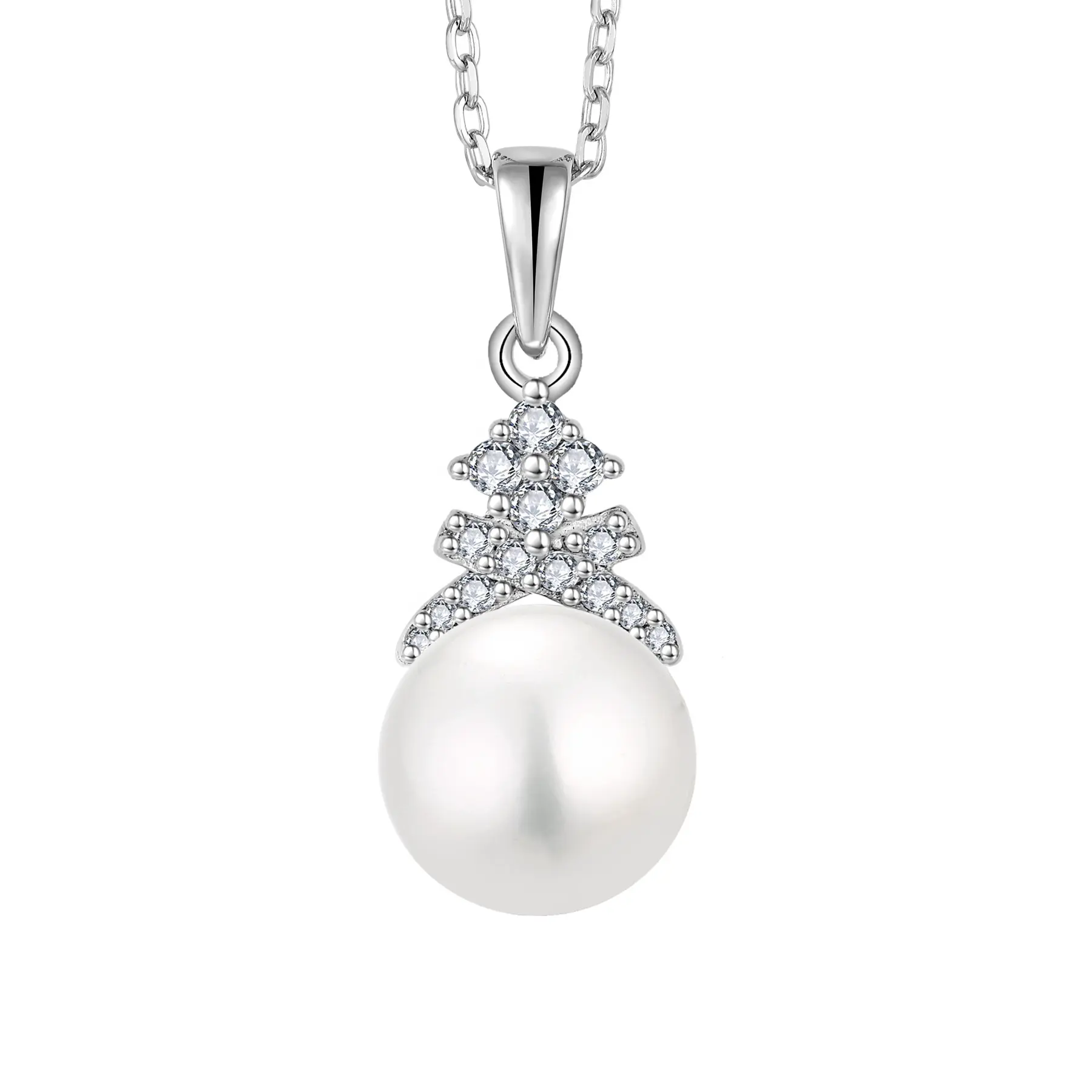 Customization OEM 925 Sterling Silver White CZ Women Stud Vintage Round Pearl Necklaces For Women Gift