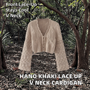 HANO Cardigan en tricot pour femme, couleur kaki, à lacets sur le devant, manches longues, col en V, à œillets, style décontracté et tendance, collection automne - Product Image 2