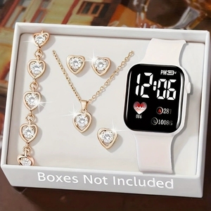 Ensemble de 6 pièces tendance rose : <span class=keywords><strong>montre</strong></span> électronique, bracelet, collier, boucles d'oreilles et bague – Cadeau d'anniversaire idéal pour vos amis LYU-0084 - Product Image 4