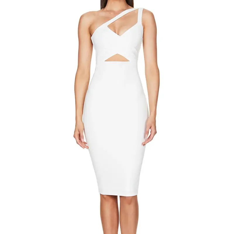 Asymmetrical Bandage Midi Dress One Shoulder Sleeveless Cut Out Wrap Bodycon Wedding Party Evening Dress