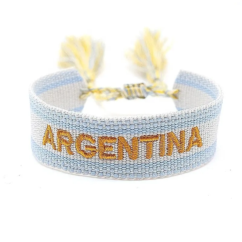 Hot Sell WorldCup Adjustable Handmade Braided Wrap Bracelet Customized Inspire Name Embroidered Friendship Fabric Bracelets