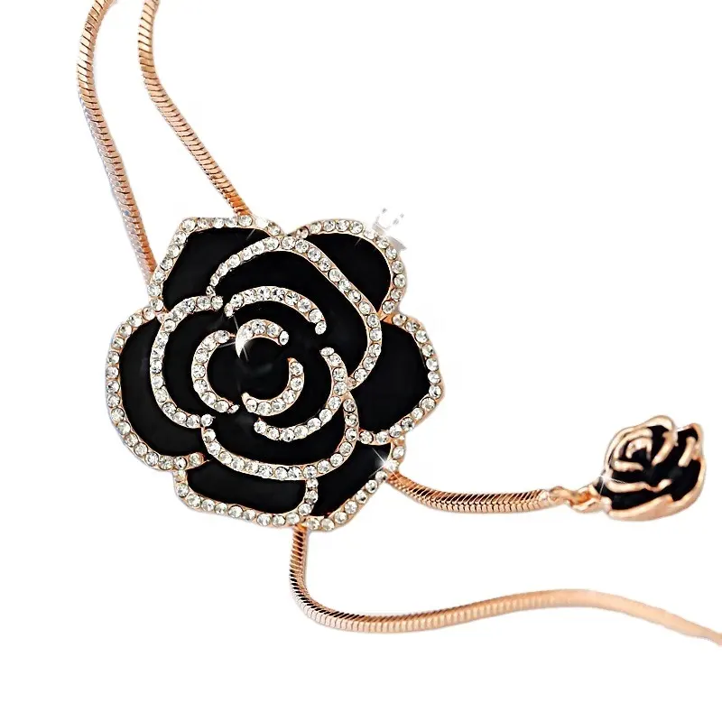fashion artificial beautiful unique women girls handmade black gold rose pendant necklace fine jewelry