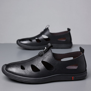 Men's Round Toe Leather Sandals <b>Slip</b>-On Summer Sporty Style Rubber Outsole EVA Midsole Solid Color PU Lining - Product Image 4