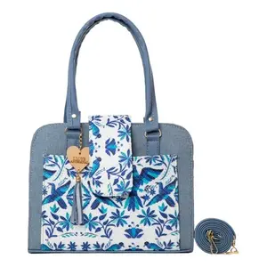 Bolso Tote de Algodón Azul para Mujer, Tamaño Mediano, para Uso Diario o Playa, con Cierre de Broche y Bolsillo Interno con Cremallera - Product Image 1