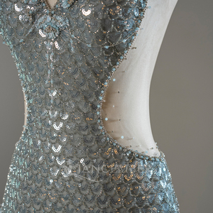 Robe de bal sirène plissée en mousseline bleue Sfy288 avec broderie, ornée de cristaux, strass et sequins pour soirée - Product Image 2