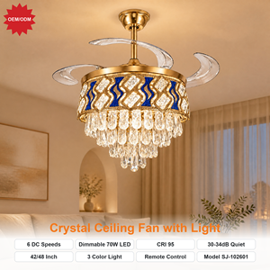 Ventilateur de plafond avec lustre en cristal, pales rétractables, 42 pouces, 6 vitesses, moteur DC, LED dimmable, luxe moderne - Product Image 1