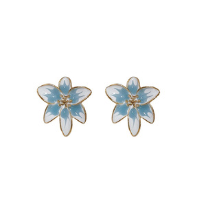 New Personality Niche Trendy Gold-Plated Stud Earrings Blue Drop Glaze <b>Flower</b> <b>Sweet</b> Temptation Fashionable Earrings - Product Image 5